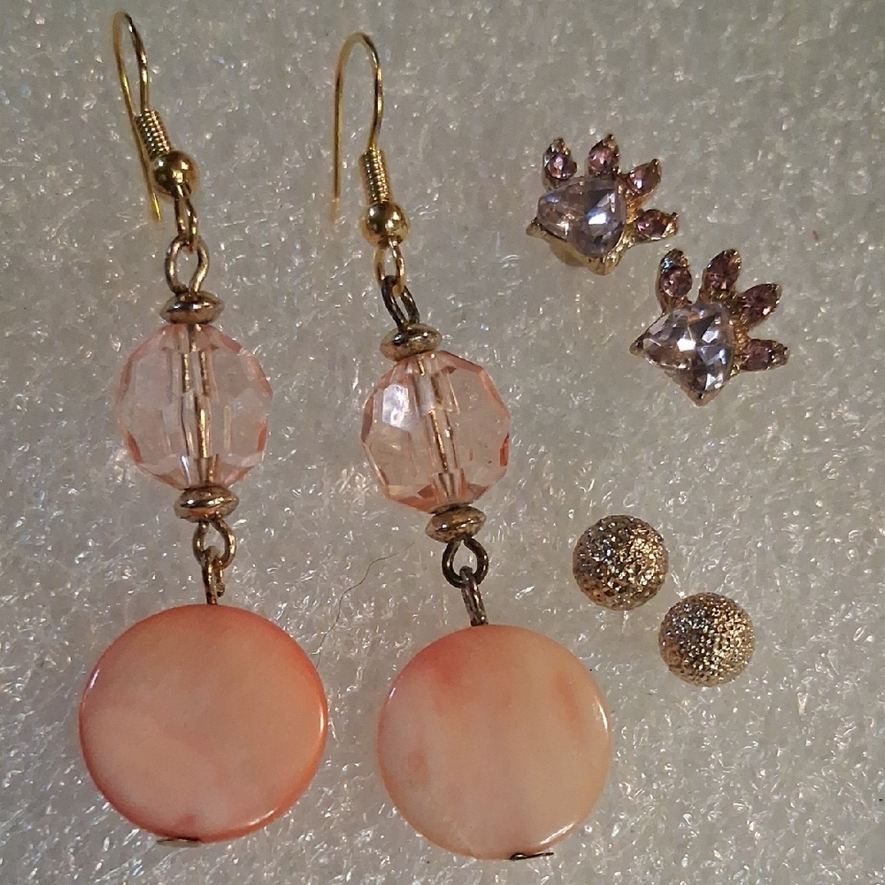 Chic Gold and Coral Pink Dangle Earrings & Dog Paw Crystal Stud Earring Set.